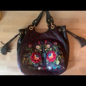 Isabella Fiore black leather embroidered large bag